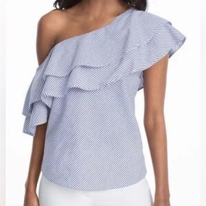 White House Black Market Ruffled‎ Off The Shoulder Striped Ruffled Top 8